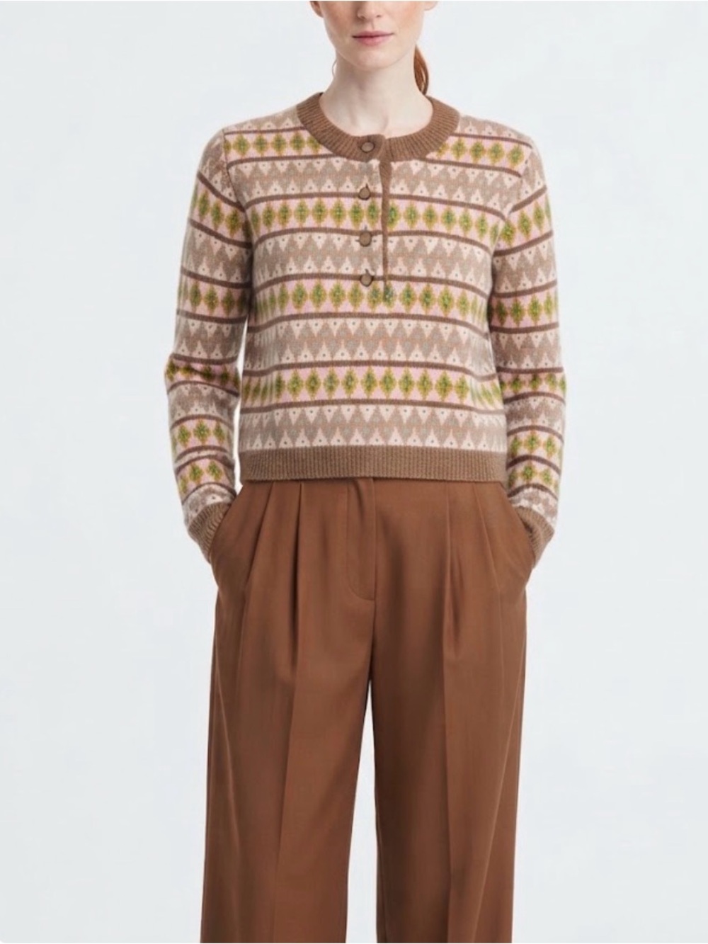 La Ligne Fair Isle Merino Wool Button Cropped Sweater